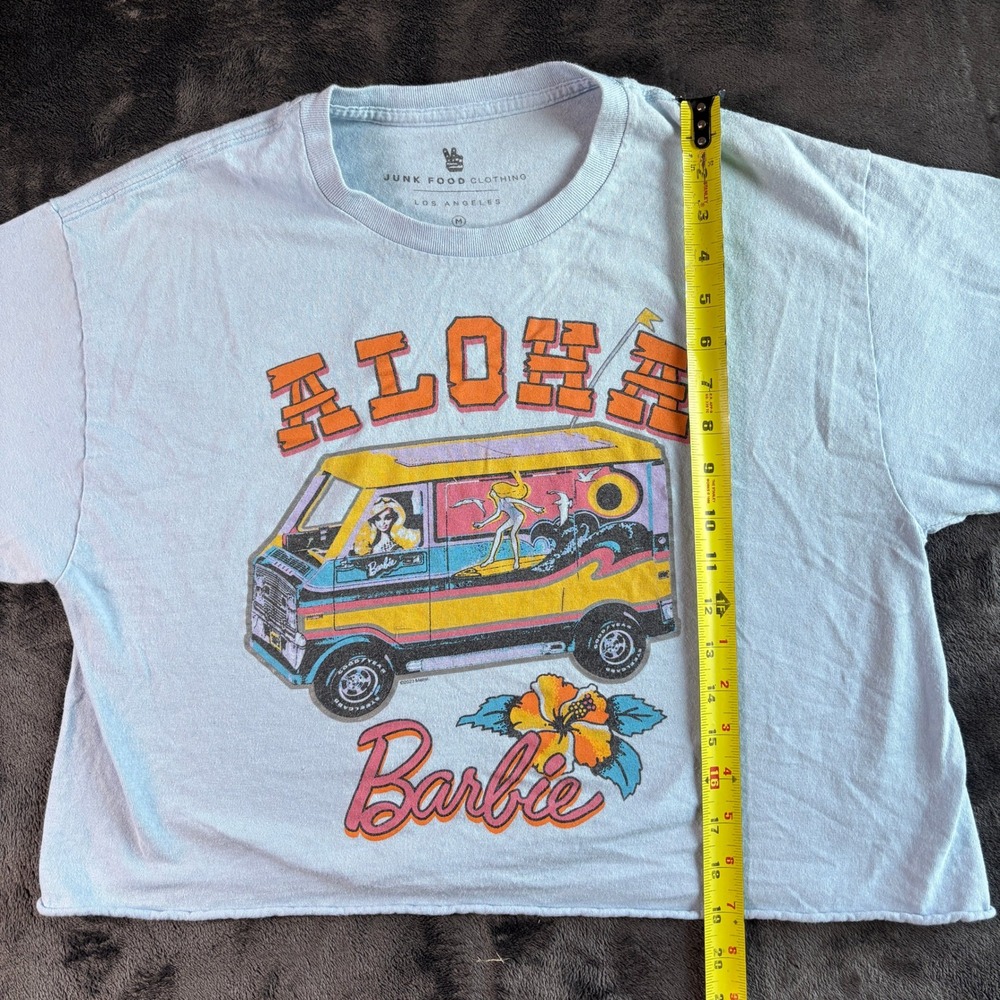Junk Food Women T-Shirt M Blue Cotton Aloha Barbie Surf Van Graphic Crop Top - Picture 8 of 8